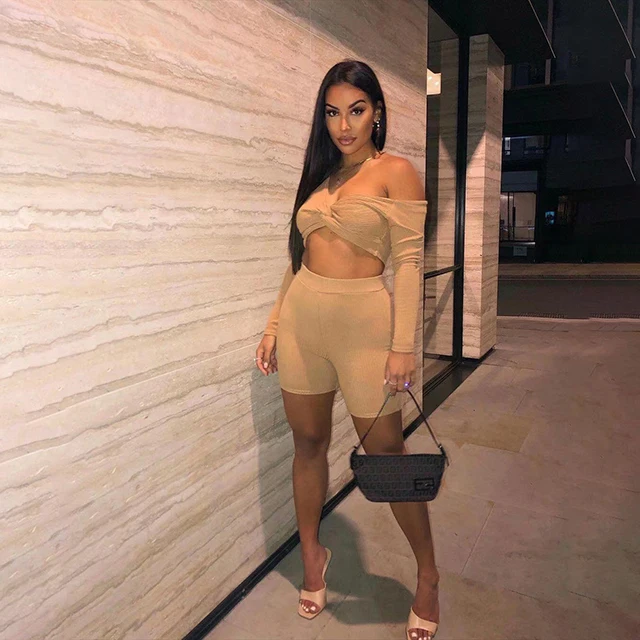 

Womens Spring Outfits Long Sleeve T Shirts And Shorts Sets Off The Shoulder 2 Piece Set Women -PT, Beige