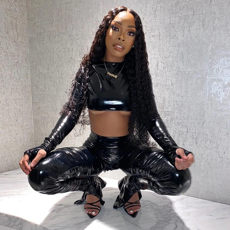 

black shiny pu Sexy crop top ruched 2 piece stacked pants sets casual clothing 2021 leather two piece set for women