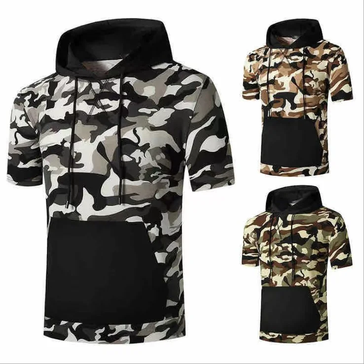

Summer Blank cheap fashion custom logo new Pullover t-shirt men's hooded sports short sleeve camouflage short sleeves t-shirt, Coffee, black and white, army green