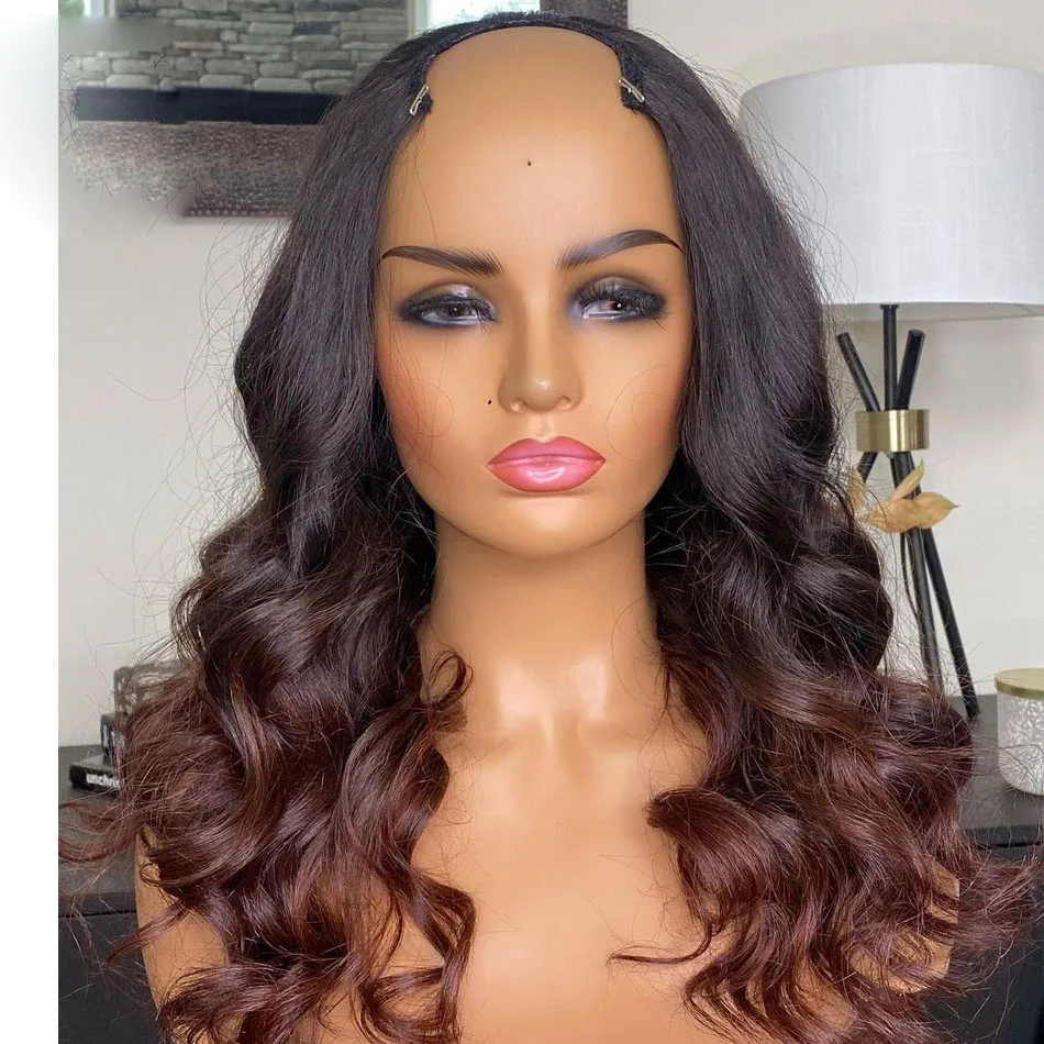 

Wave Ombre Brown U Part Human Hair Wigs Middle 1x3 U Shape Opening Brazilian Remy Brown Ombre Full Machine Made Wig For Women, Natural color lace wig