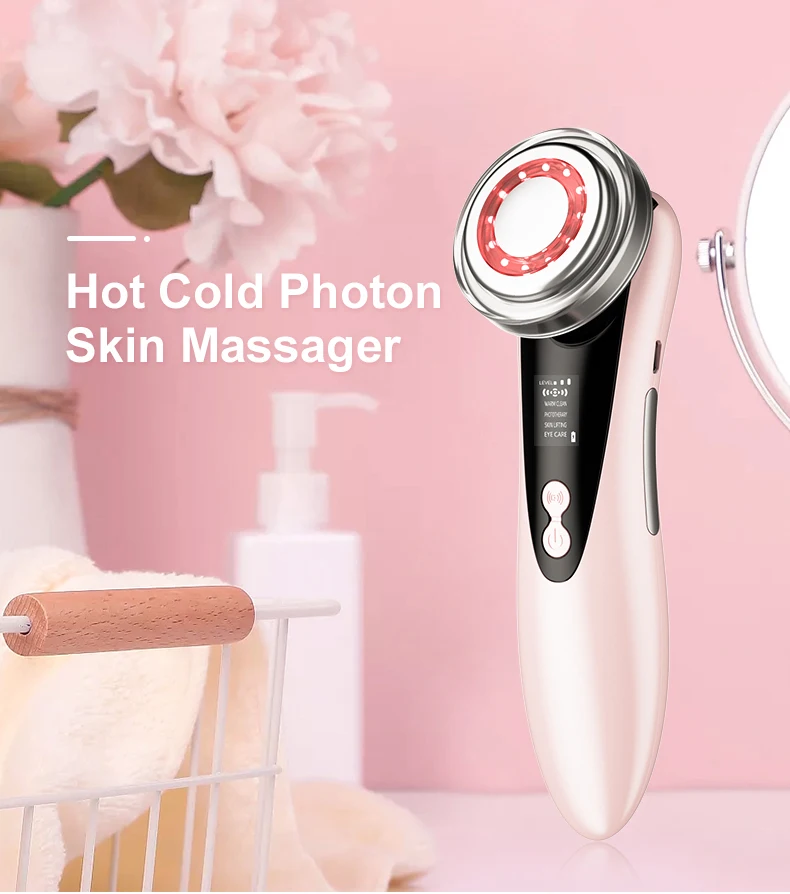 

Beauty wholesale iontophoresis 5 in 1 led skin tightening device microcurrent ems facial massager machine, Pink, customized