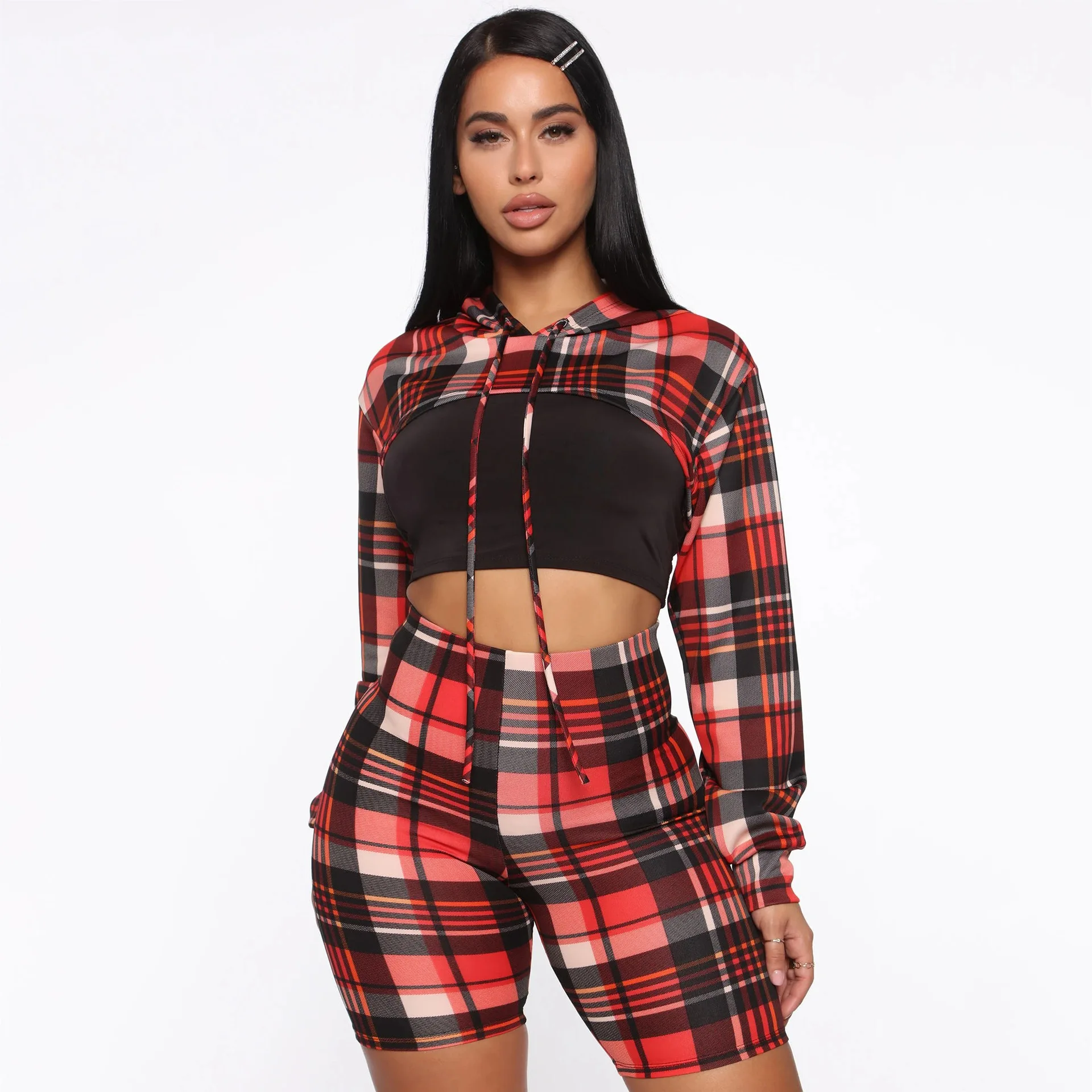 

2 Piece Set Women Fall 2021 Jogger Sweatsuit Casual Plaid Hooded Jogger Suit Set Sexy Two Piece Shorts Set Clothing, Picture color