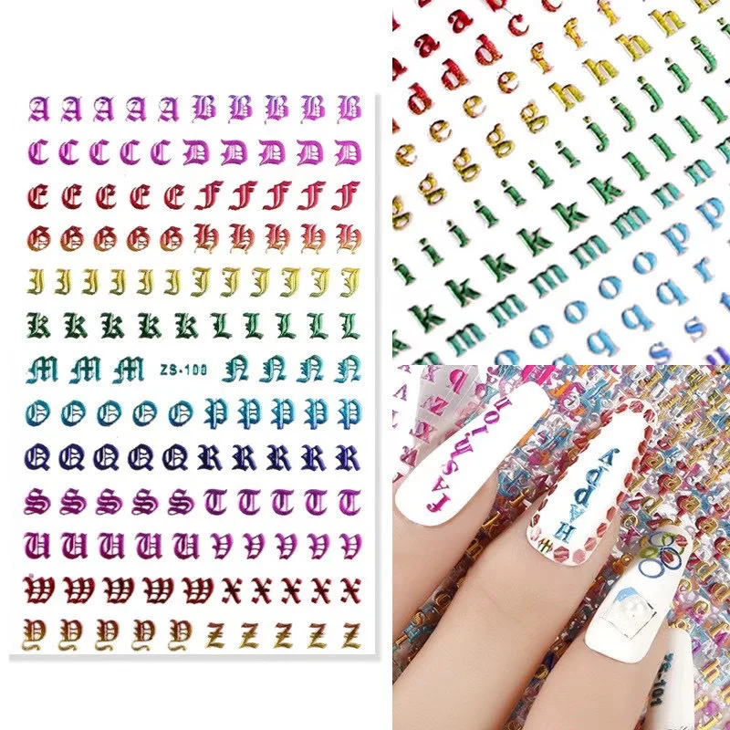 

New Arrival Color Gradient 3D English Letter Nail Art Decals DIY Manicure Decorations Laser Aurora Resin Nail Sticker alphabet