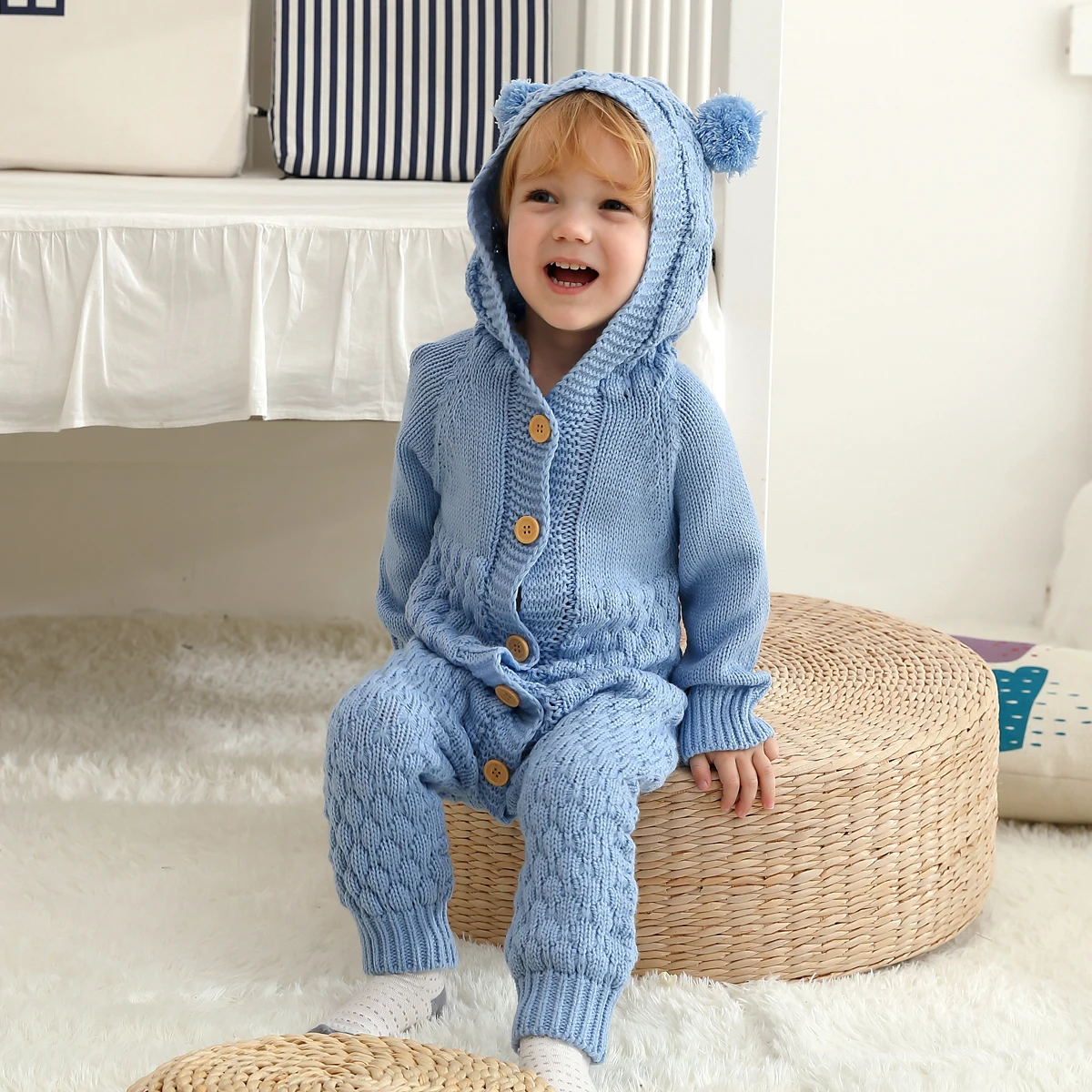 

2020 Baby Boys' Girls' Autumn Winter Plain Long Sleeve Knitted Sweater Romper Hooded with Animal Ear