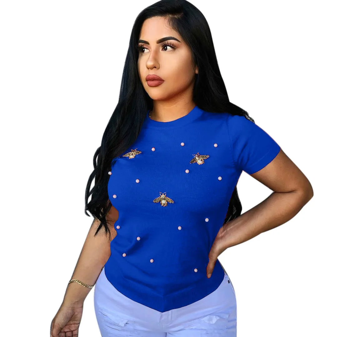 

2021 summer new beaded butterfly round collar large size T shirt solid color fashion short sleeves