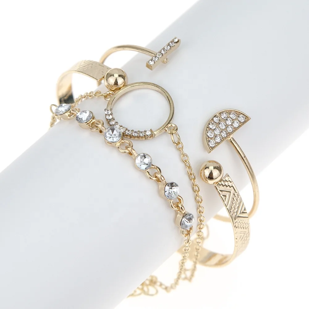 

2020 New Fashion Simple Design Alloy Rhinestone Gold Bangle Bracelet 4 Piece Set For Girls, Picture