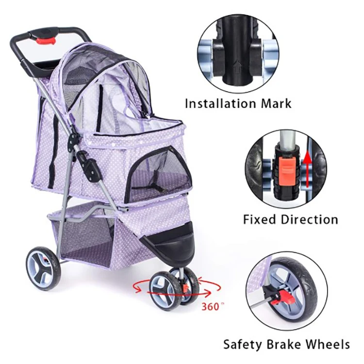 Easy Onehand Fold 3 Wheels Jogger Pet Stroller Cat Dog Easy Walk