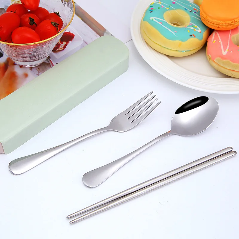 

Eco friendly outdoor camping flatware set student portable stainless steel spoon fork chopsticks cutlery sets with gift box, Customized