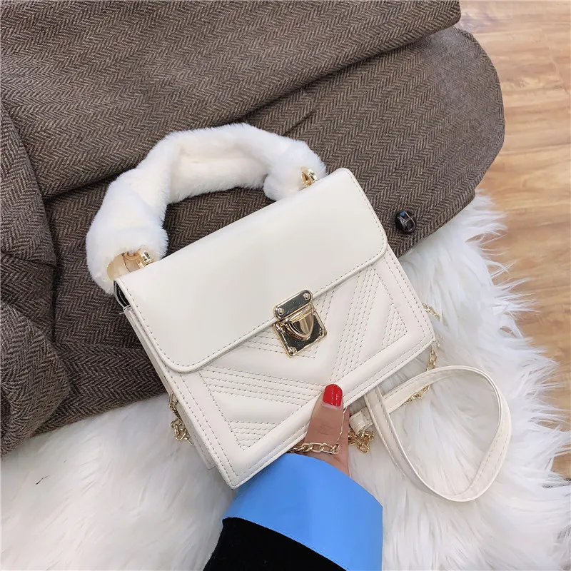 

2021 winter new fashion cheap price plush handle embroidery thread small handbag bolsos luxury handbags for women
