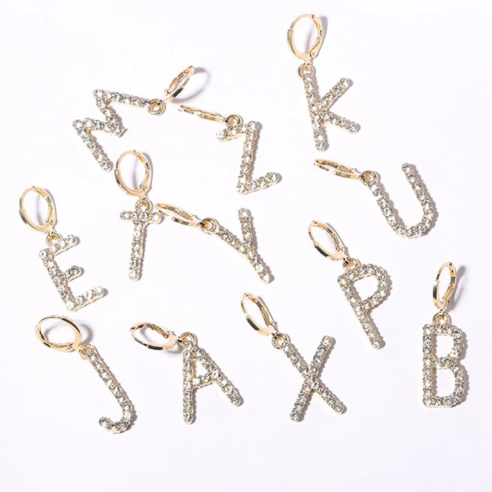 

Wholesale Gold Plated Huggie Initial Earrings Shiny Crystal Letter Dangle Earrings For Girls, As picture show