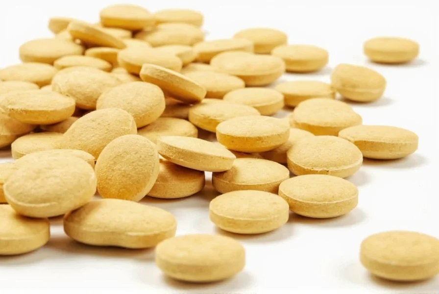 Close-up view of ginger tablets next to fresh ginger root showing comparison between supplement form and natural source