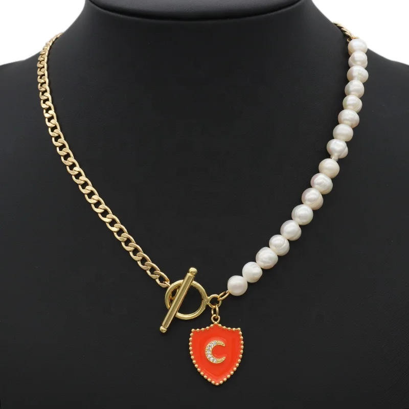 

Gold plated OT Clasp Enamel CZ moon Charm Pendant Choker Handmade Fresh water pearl necklace for teen girl women