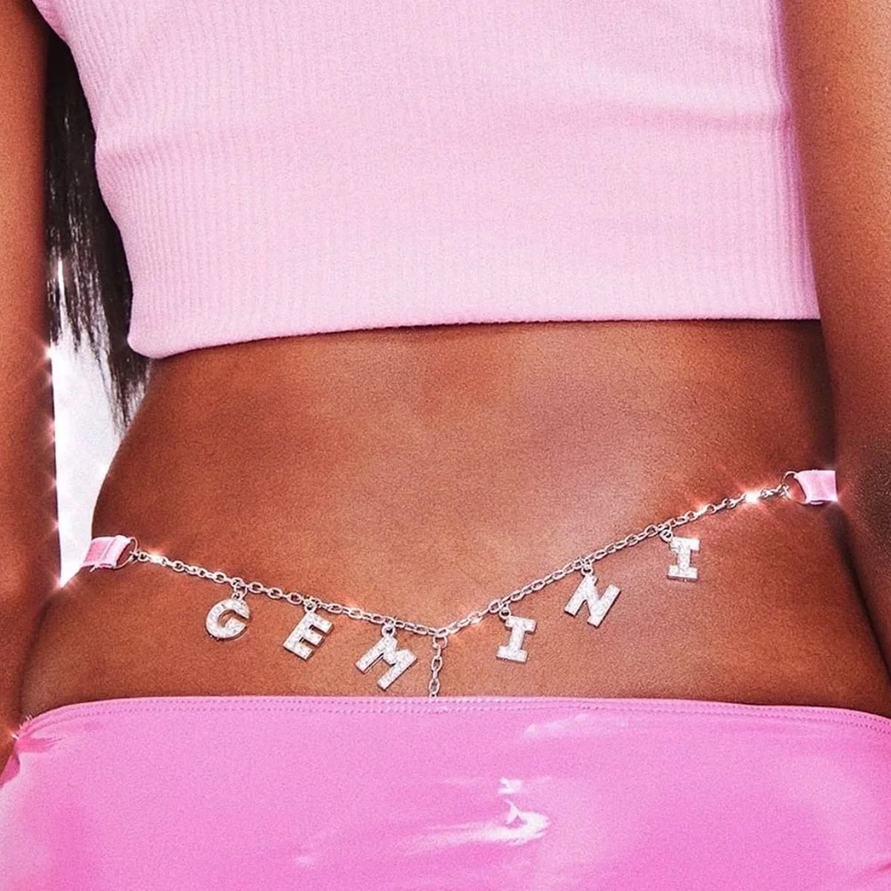 

Sexy Custom Letter Waist Chain Belt Jewelry Rhinestone Thong Body Chain 12 Zodiac Bikini Chain For Women, Silver