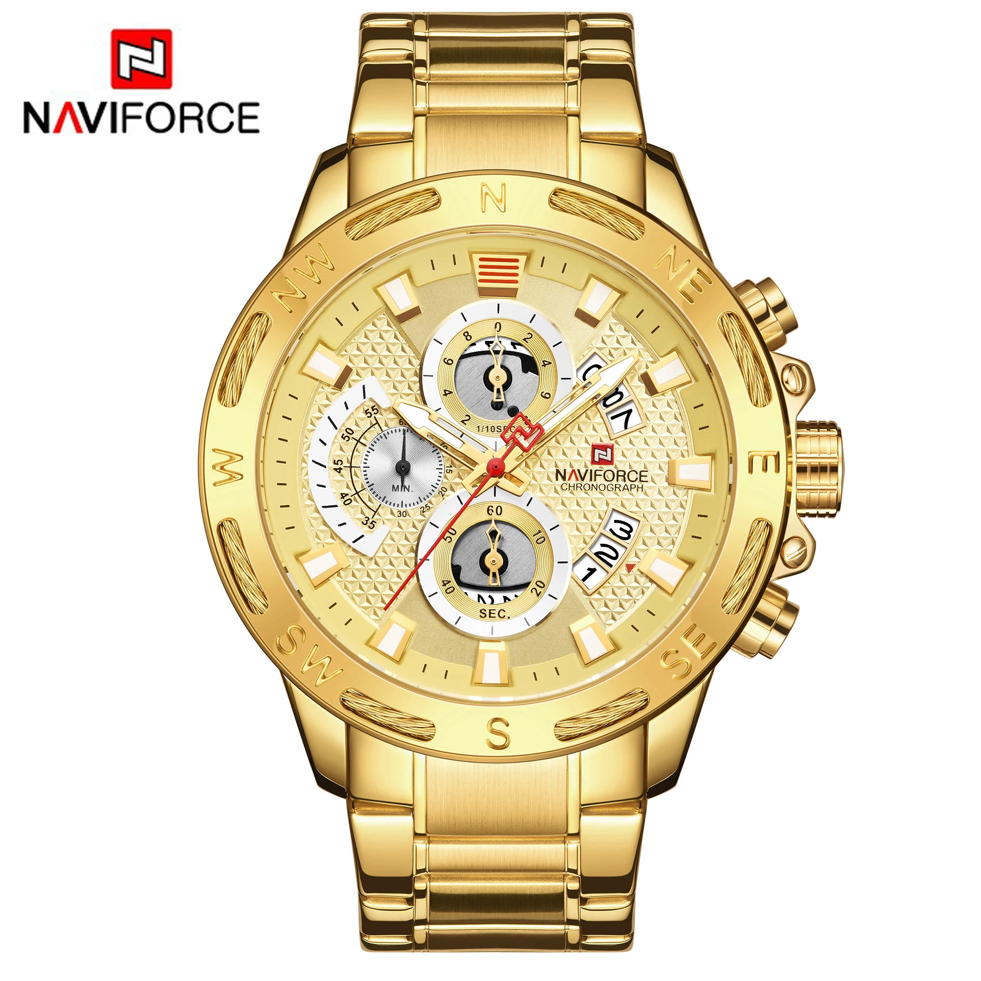 

NAVIFORCE NF9165 Men Watches Calendar Chronograph Japan Quartz Gold Stainless Steel Strap Business Latest Hand Watch For Man, As picture