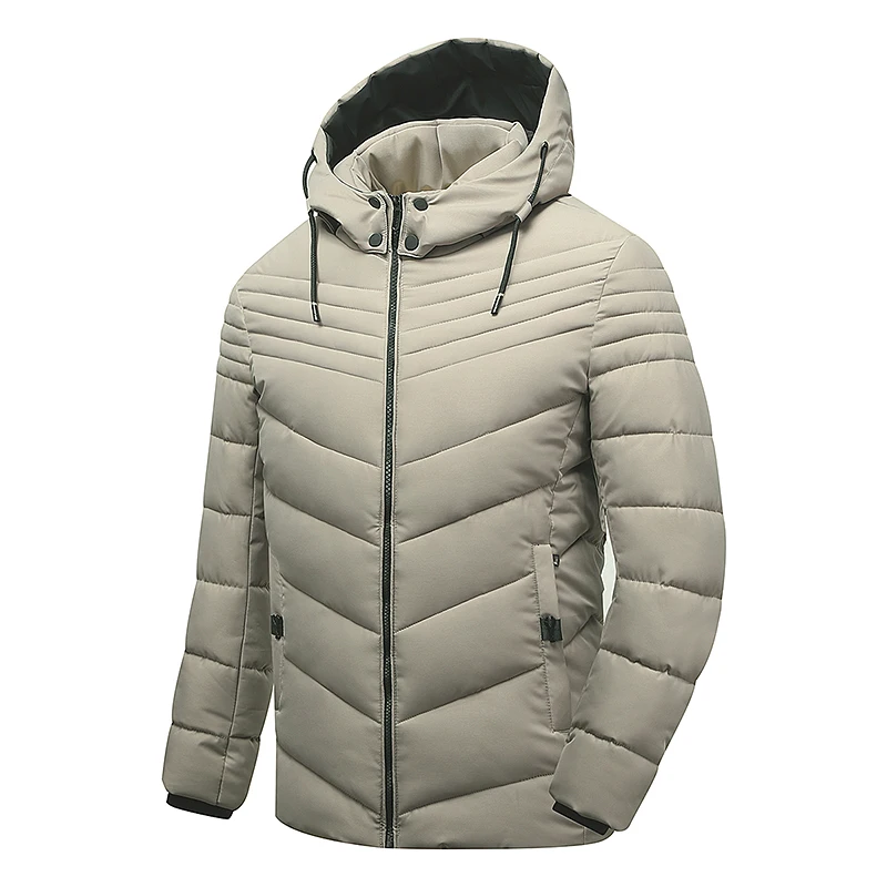 

Wholesales Men's 100% Polyester Winter Puffer Coat with Custom Logo Drop Shipping Stylish Hooded Parka Over Coat, Khaki/black/navy/cyan