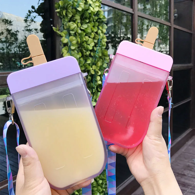 

New creative summer cute ice cream straw bottles kids children outdoor portable plastic water milk bottles with rope bpa free, Color as pictures