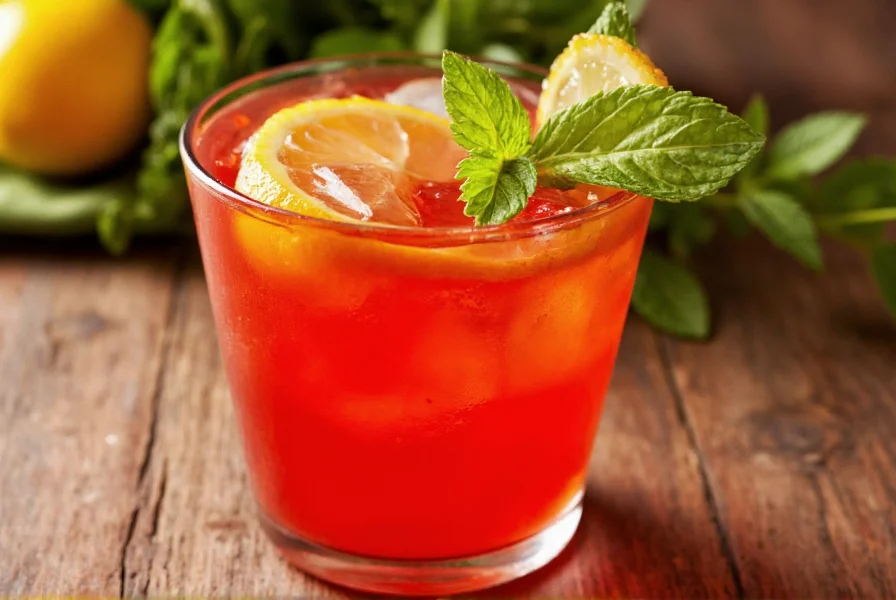 Close-up of a glass containing a vibrant red cayenne pepper drink with lemon slices and fresh mint garnish on wooden table