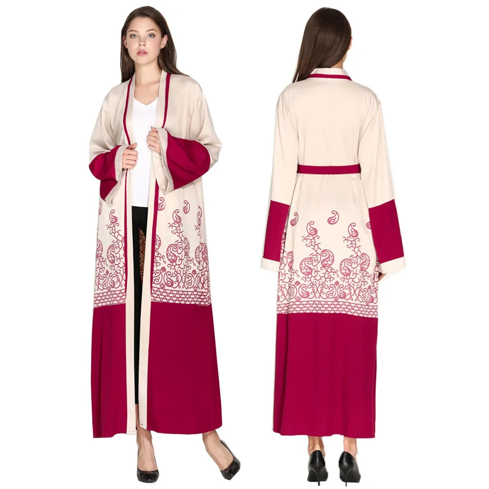 

New robe printed red cardigan stitching muslim lace-up dress elegant dress fashionable dress, 1 color