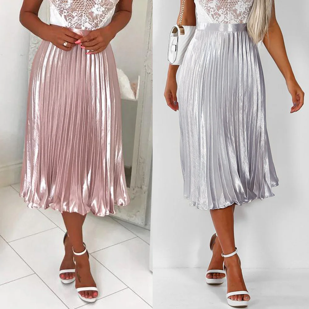 2019 New Women Casual Hight Waist Bright Color Midi Pleated Skirt