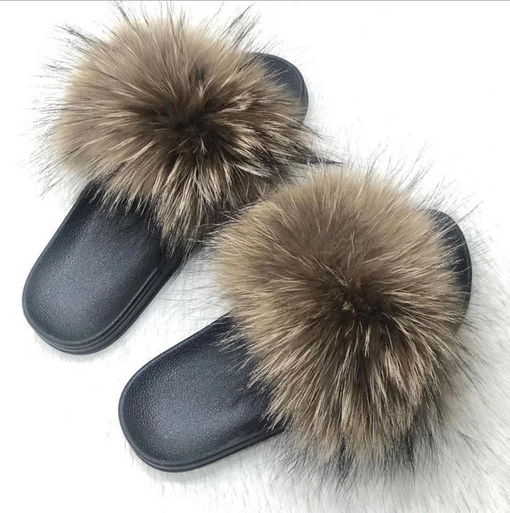 

Wholesale Fur Shoes Hot Sale Fashion Home Plush Slippers Women Fox Fur Shoes Slides Flip Flops Fur Slippers