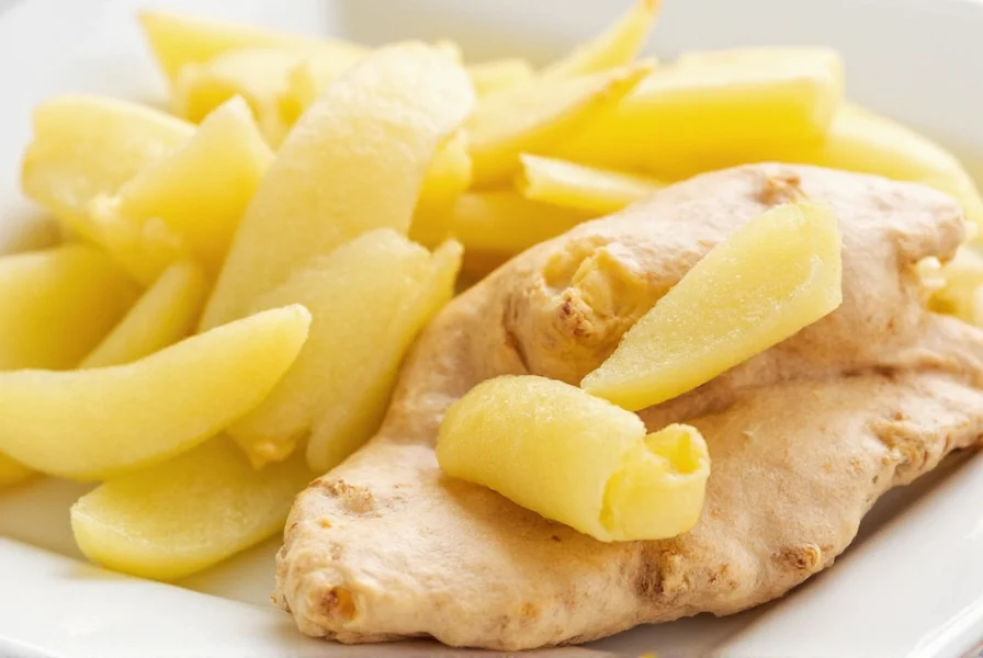 Fresh ginger root with peeled section showing fibrous interior and grated ginger on wooden cutting board