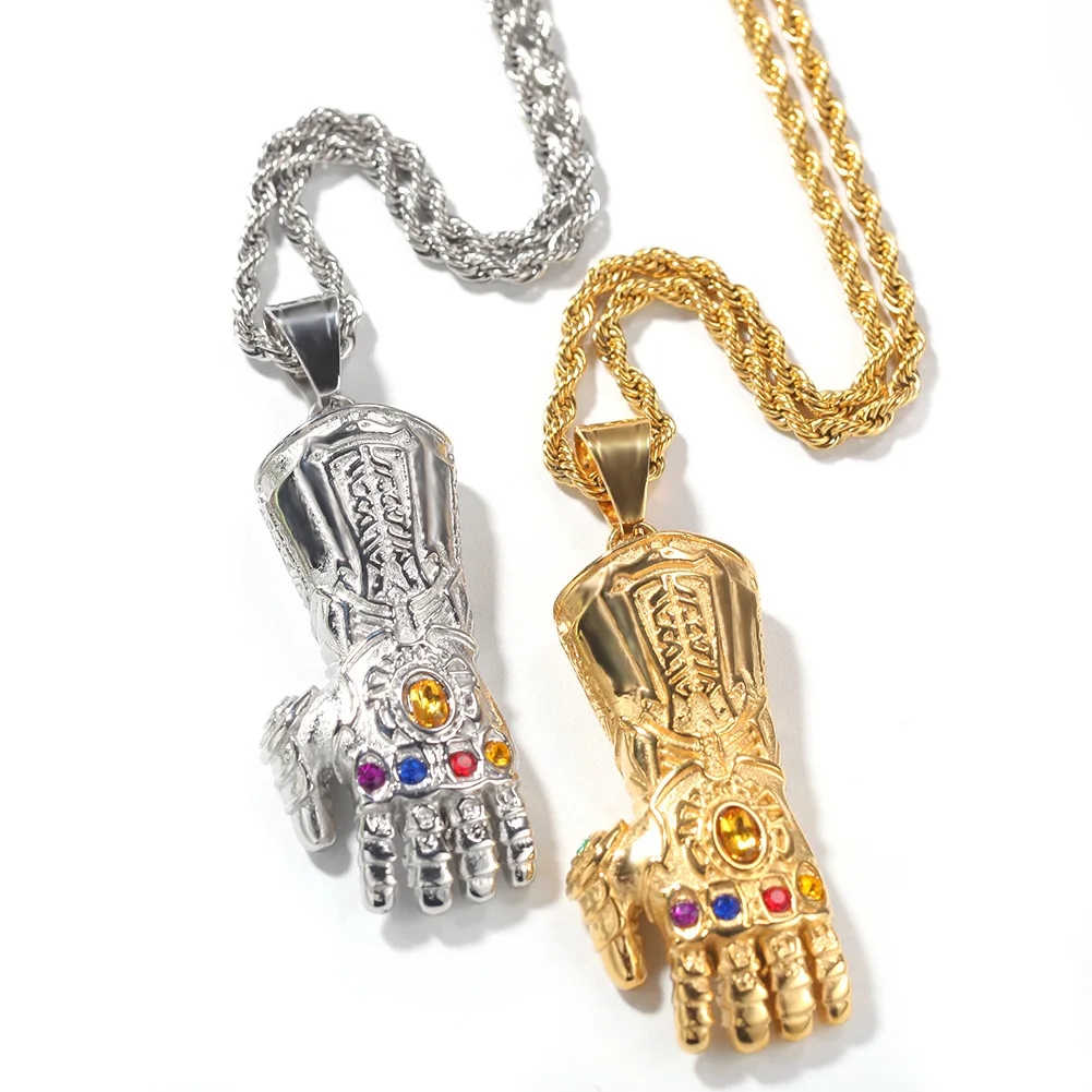 

Hot Selling Thanos Infinite Gloves Necklace Gold Silver Color Diamond Pendant Street Fashion Jewelry