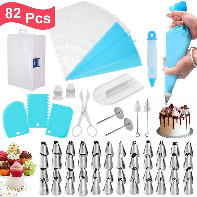 

82 pcs decorating nozzle TPU flower bag converter cream scraper cake baking tools set, As picture