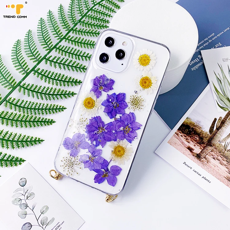 

Real Flower Mobile Cover TPU Acrylic Cross Body Necklace Cell Phone Cases For iPhone 13 Transparent Case