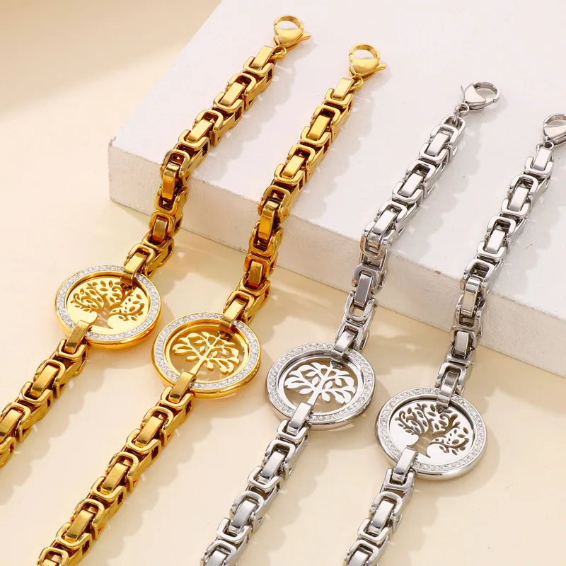 

SL22049 New Stainless Steel Thick Chain Circle Coin Life Tree Zircon Bangle Bracelets Women Fashion Jewelry Custom Wholesale