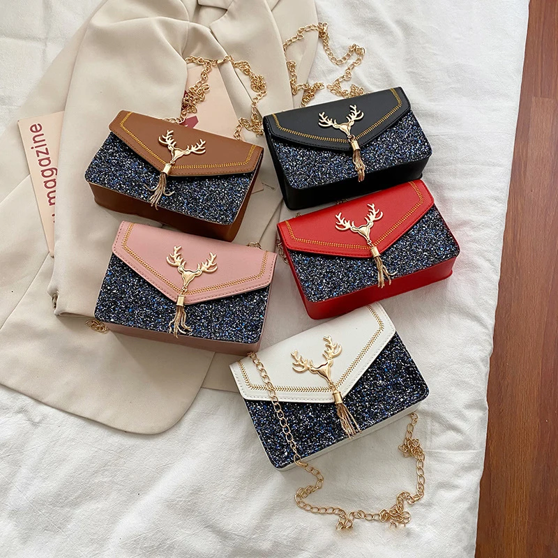 

2021 new fashionable amazon shoulder handbag for woman sequin bling brown crossbody tassel handbags, Customizable