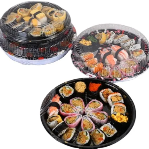 

PS 28cm Plastic disposable Takeaway Round Custom Japanese Recyclable Sushi packaging Box with lid