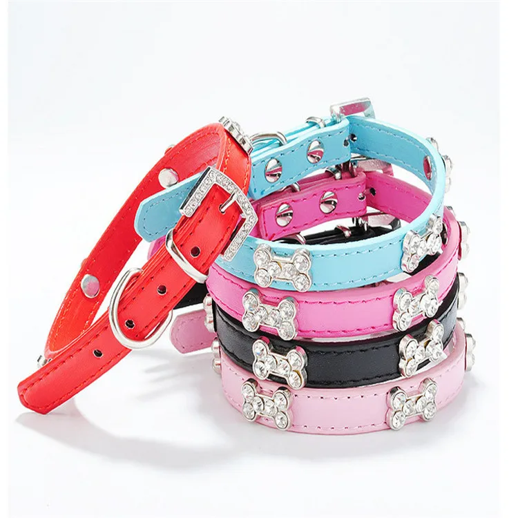 

Rhinestones Dog Collar Bling Bone Dog Collar Adjustable Pink Leather Collar for Medium & Small Dogs, 5 colors