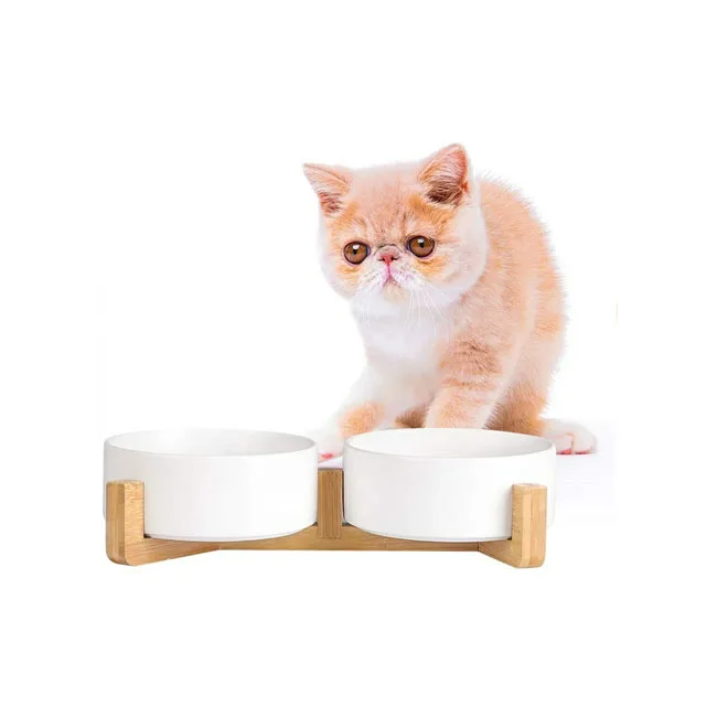 

Hot Sale Amazon Round Pet Dog Food Water Feeder With Wood Stand 2 Cup Ceramic Cat Bowl