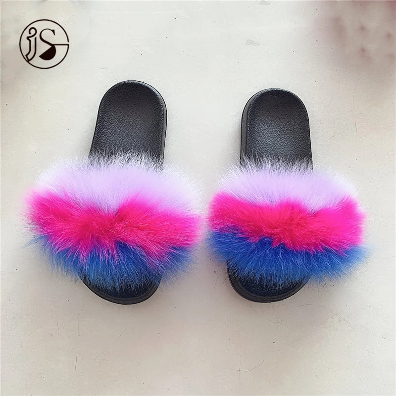 

Wholesale price Stable quality colorful fur sandals warm outdoor slides for women 100% Fox comfy furry slides 2021, Picture