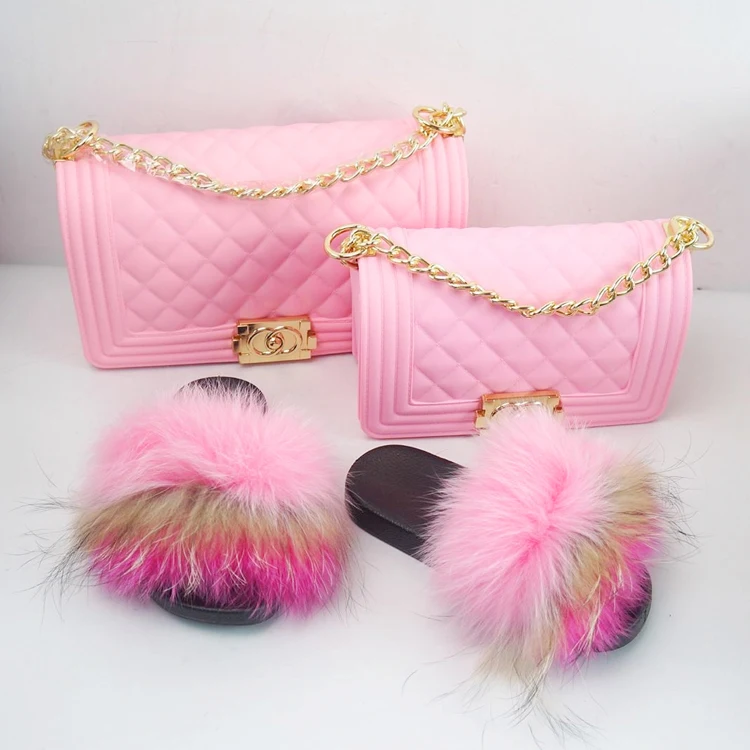 

Wholesale shoulder wallet sandals set new arrivals colorful handbag and fur slipper women jelly purse and fluffy fox slides set