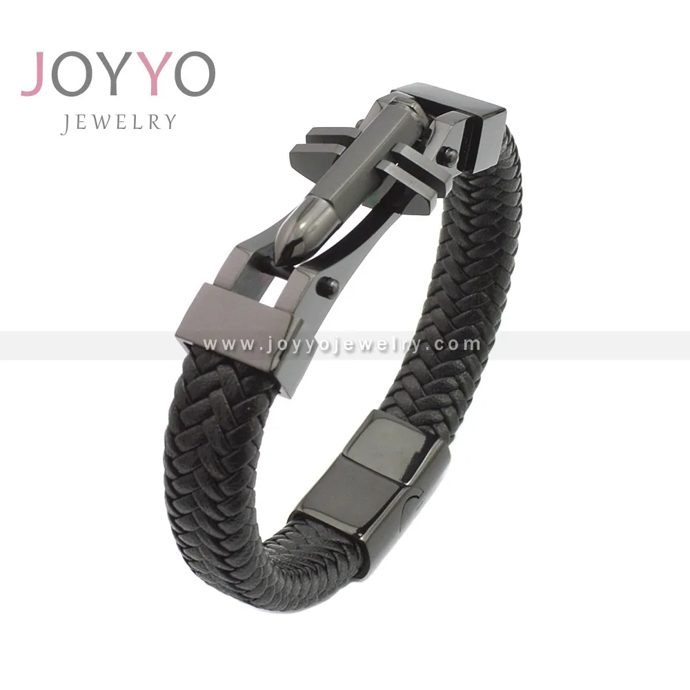 

Black Plated Stainless Steel Men's Vintage Leather Bracelet Gothic Viking Pakistan Wrist Bangles, As picture
