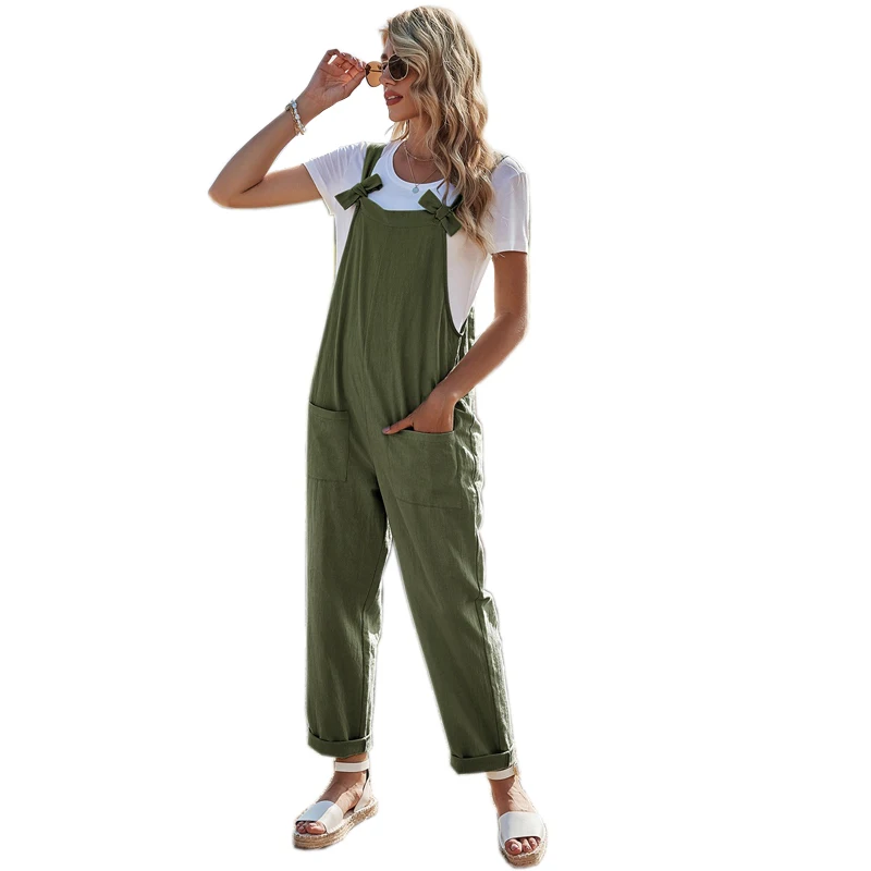 

Fashion Women'S Bib And Bowknot Casual Multi-Pocket Ladies Jumpsuit, Picture