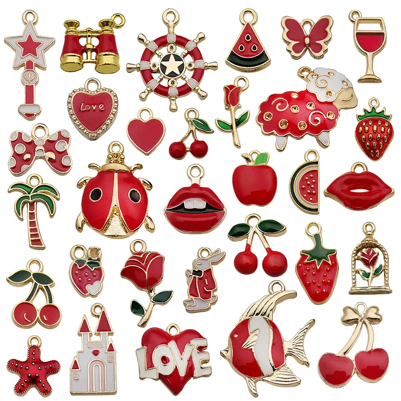 

Mixes 31 Styles Red Diy Alloy Enamel lip Charms Pendants For Jewelry Making Cute Fruits Telescope pendant Jewelry Accessories