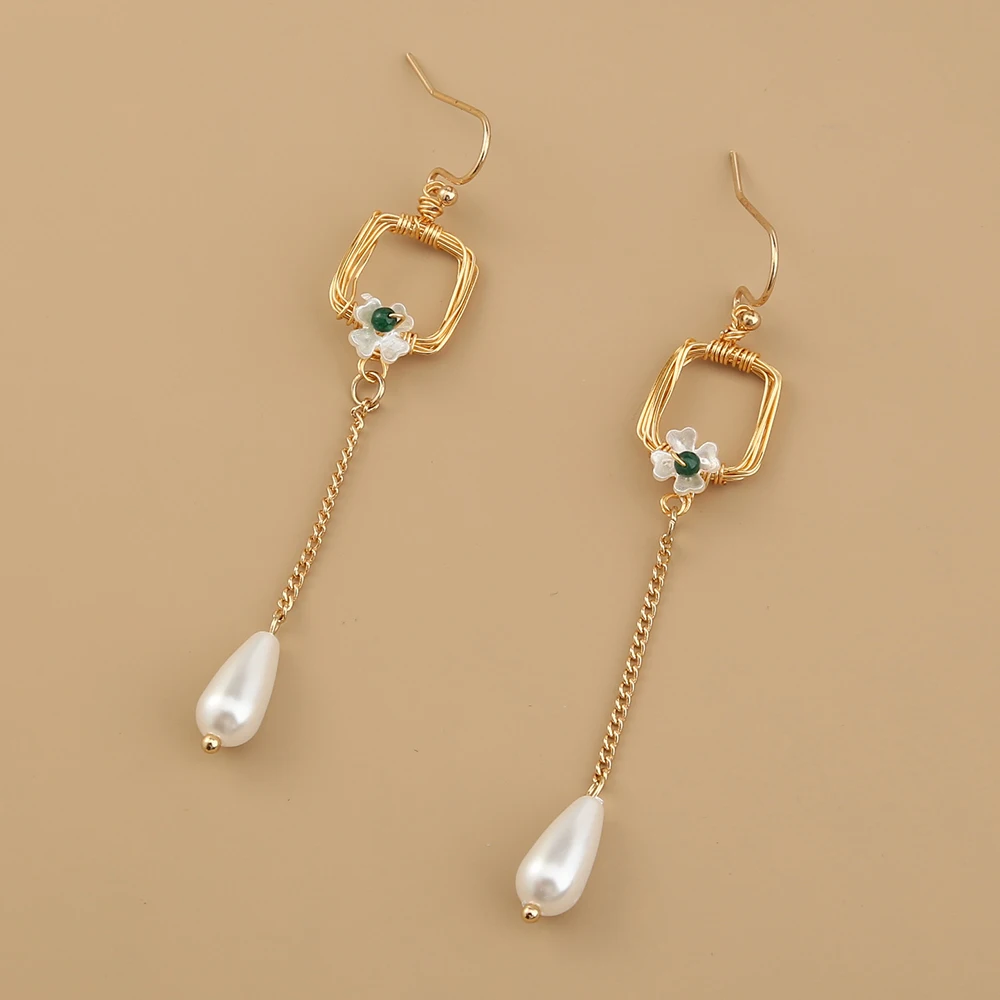 

Elegant Long Tassel Water Drop Pearl Green Natural Stone Flowers Square Real Gold Woman Jewelry Earrings