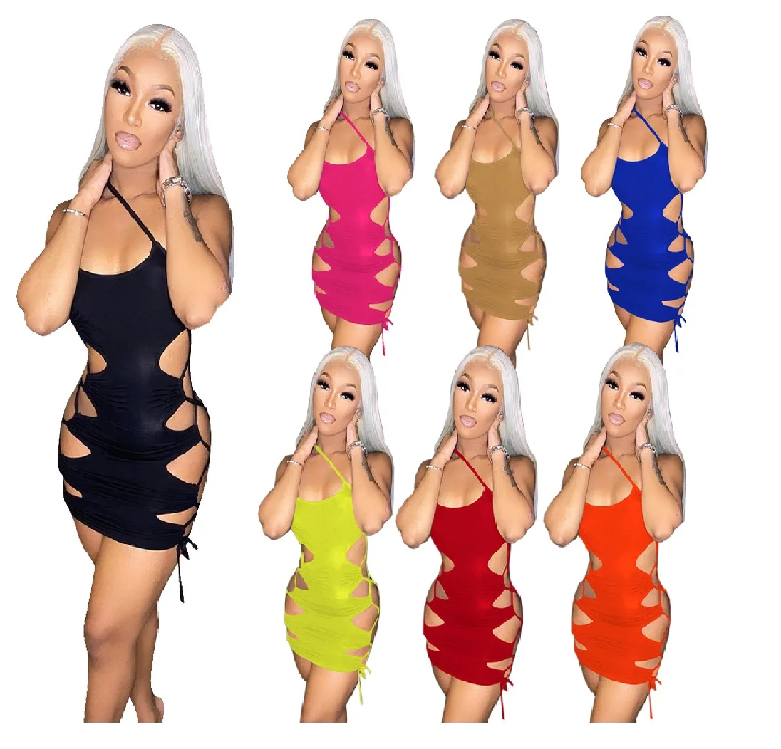 

2021 Summer Sexy Clubwear Sleeveless Bandage Hollow Cut Out Womans Mini Dresses Ladies Clothes Women Nightclub Dress, Picture color