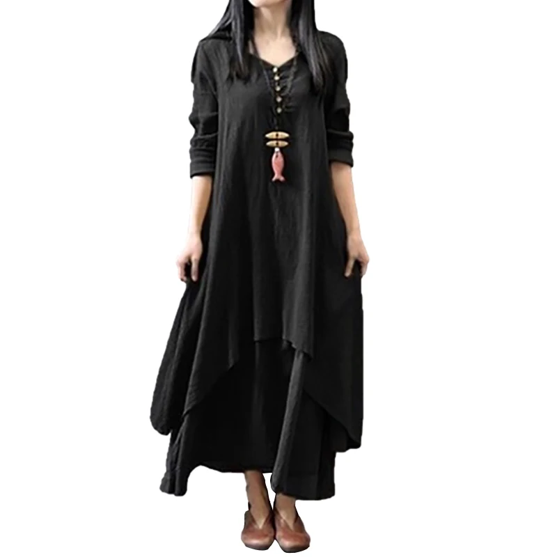 

2021 Women Maxi Dress New False Two-piece Long Sleeve Round Neck Loose Irregular Elegant Casual Dress, Customized color