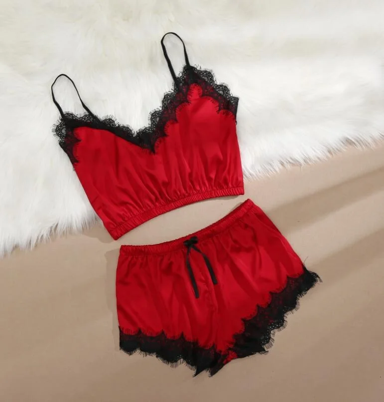 

Two Style Wholesale Sexy Lingerie Sexy Lace Split Pajamas Set, Gray-blue, pink, navy, wine red