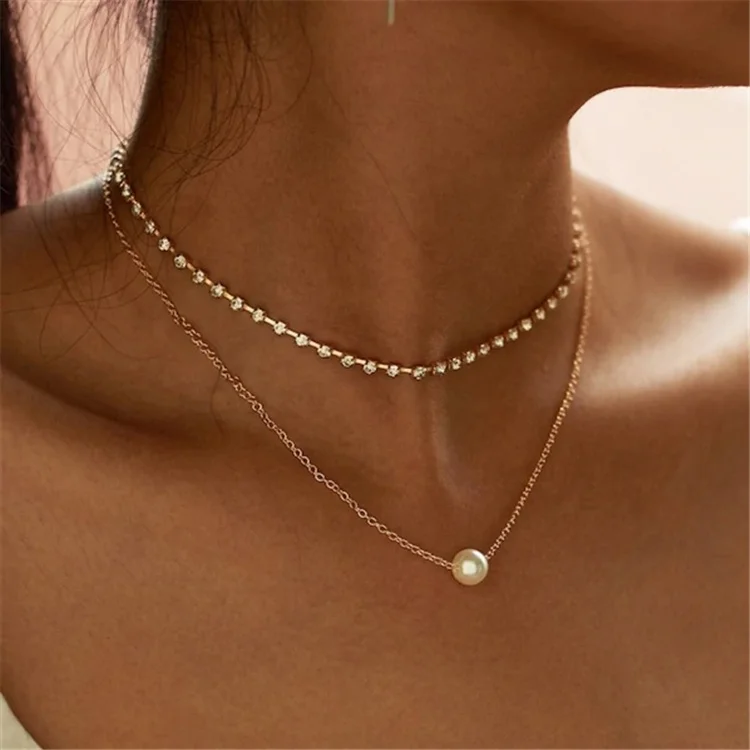 

Factory custom women jewelry gold plated multi layer choker pendant pearl necklace for women accessories