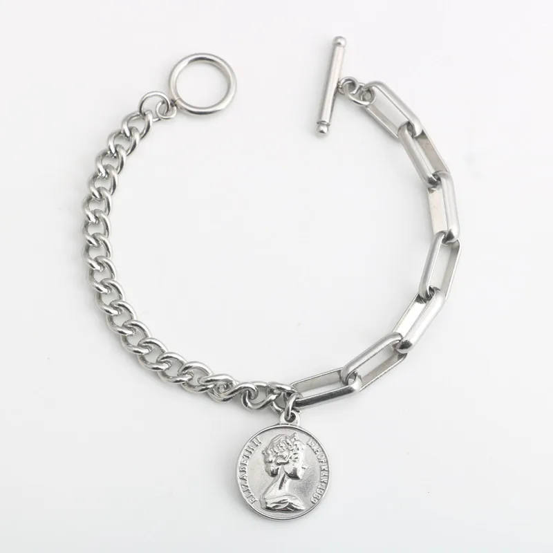 

Elizabeth Queen Coin Charm Pendant Stainless Steel OT Buckle Adjustable Bracelet Chain, Silver