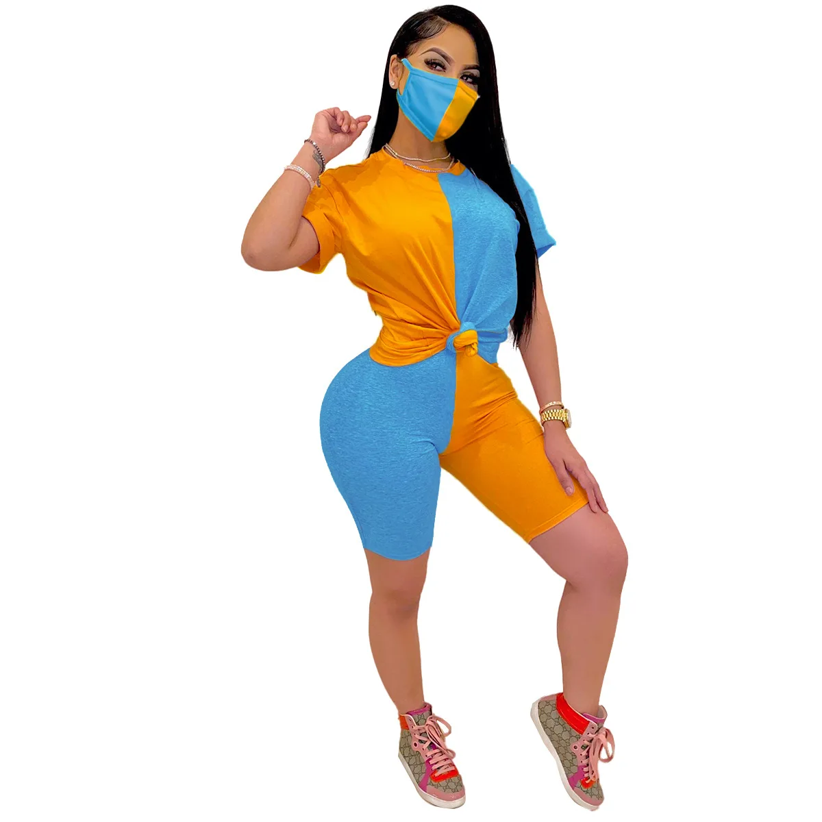 

New women's summer suit color contrast tight casual sports two piece set with mask