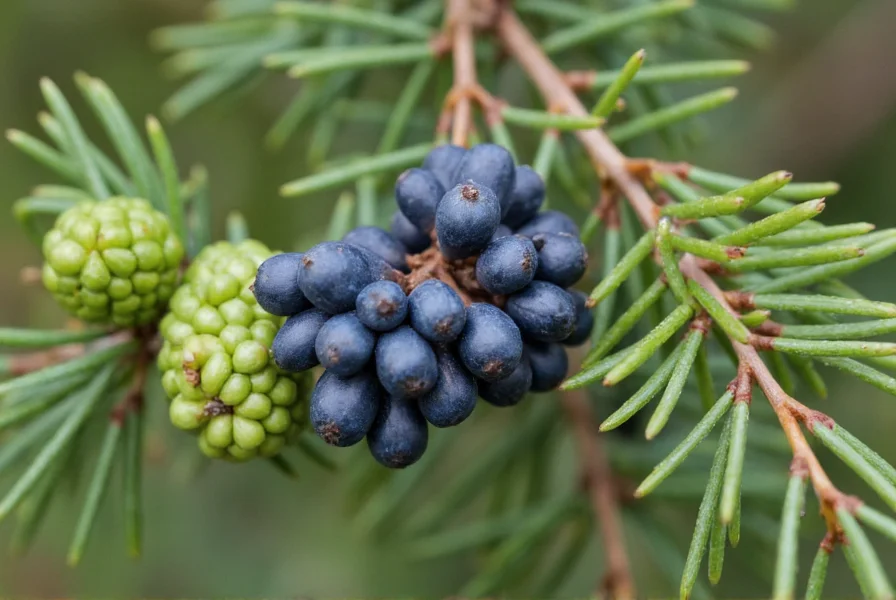 Close-up photograph of juniper berries on branch showing blue-black mature cones alongside green immature ones, with needle-like leaves visible