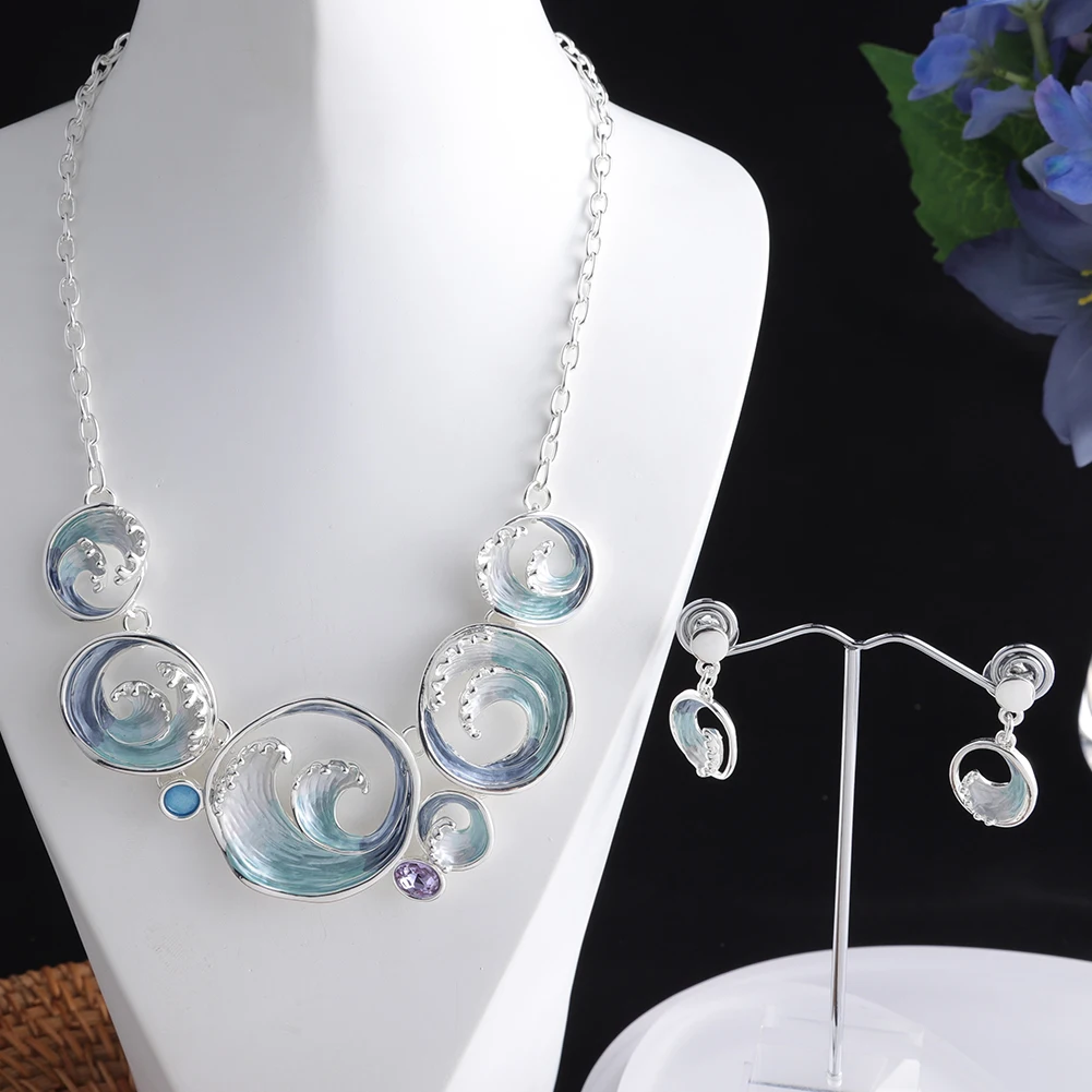 

SophiaXuan new design sea wave shape choker women fashion blue enamel necklaces set alloy pendant Costume Jewelry Sets, As picture