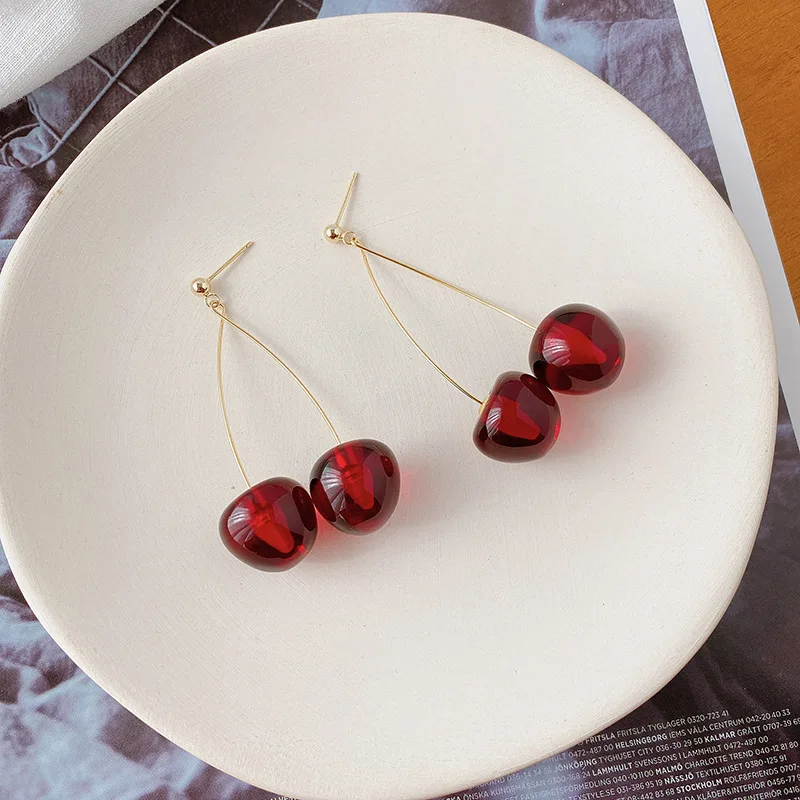 

Fashion Jewelry Korean Style 925 Silver Pin Lovely Fruit Two Cherry Cute Sweet Women's Girls Long Cherry Earring