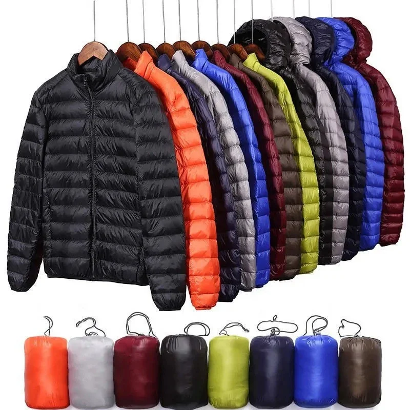 Wholesale Light Warm Duck Feather Custom Logo Nylon Black Hooded Winter Bubble Puff Filled  Puffer Jackets Coat For Men