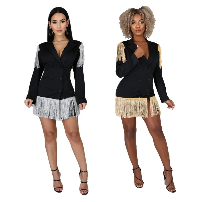

Winter Womens Blazer Dress Stylish Black Long Sleeve Tassel Dress Sexy Double-Breasted Slim Cut Mini Fall Dresses For Women